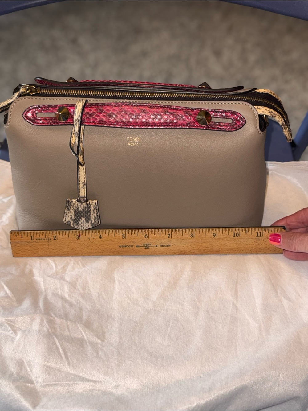 Fendi Taupe BY THE WAY BAG with Pink PYTHON Handles and Beige PYTHON Clochette - Picture 9 of 10